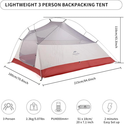 NATUREHIKE CLOUD UP™ 3-PERSON ULTRALIGHT BACKPACKING TENT